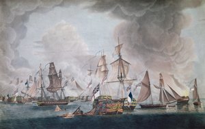 A francia és spanyol egyesült erők veresége a trafalgari csatában 1805-ben (színes metszet)